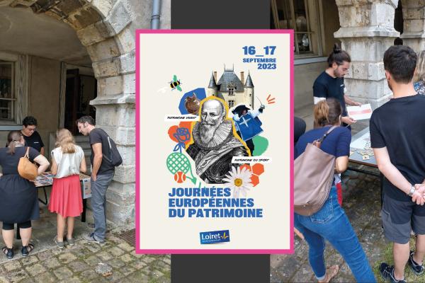 Montage de l'affiche des Journées du Patrimoine 2023 entourées de deux photos d'archéologues tenant un stand devant le public.