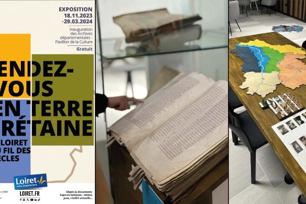 Montage autour d'une exposition : affiche, livre ancien et jeu en bois représentant une carte du Loiret.
