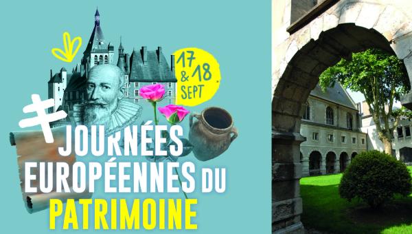 Affiche des Journées du Patrimoine  2022 accompagnée d'une photo de cloître.