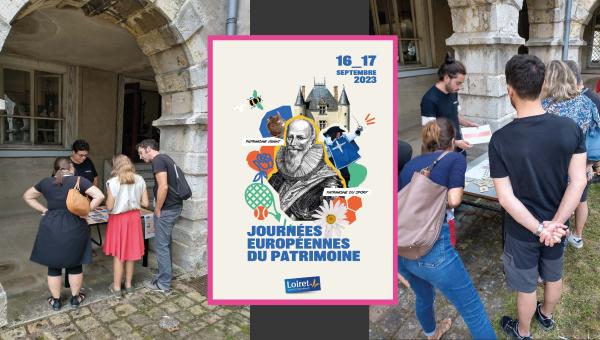 Montage de l'affiche des Journées du Patrimoine 2023 entourées de deux photos d'archéologues tenant un stand devant le public.