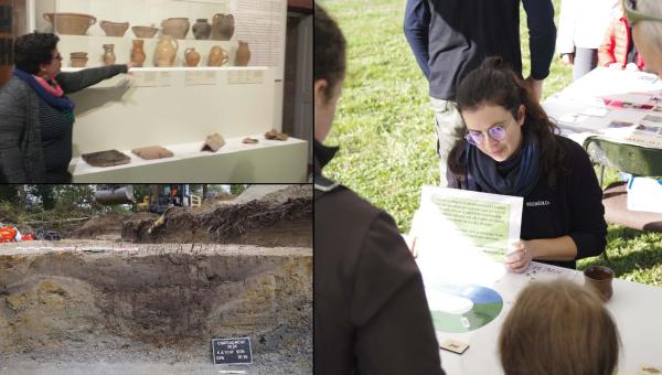 Montage de trois photographies : une visite de musée, une archéologue qui discute avec du public et une photo de site archéologique.