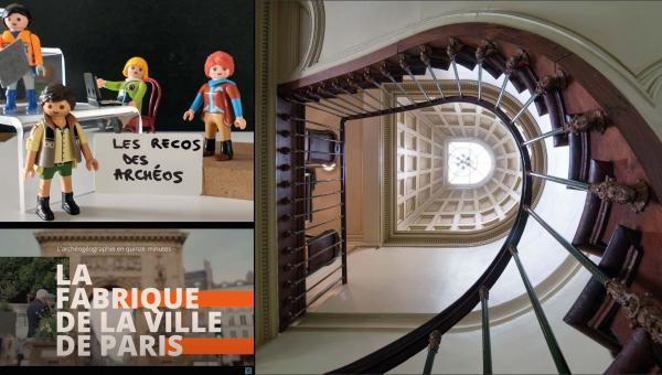 Montage de trois illustrations : des Playmobil, une capture d'écran de vidéo yotube et une cage d'escalier vue du bas vers le haut