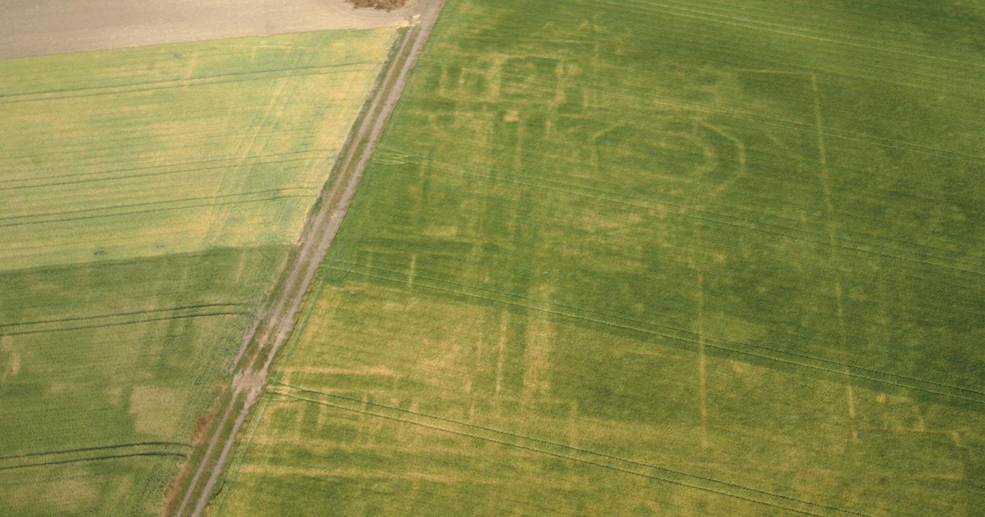 Photographie aérienne de vestiges archéologiques visibles à travers la végétation d'un champ.