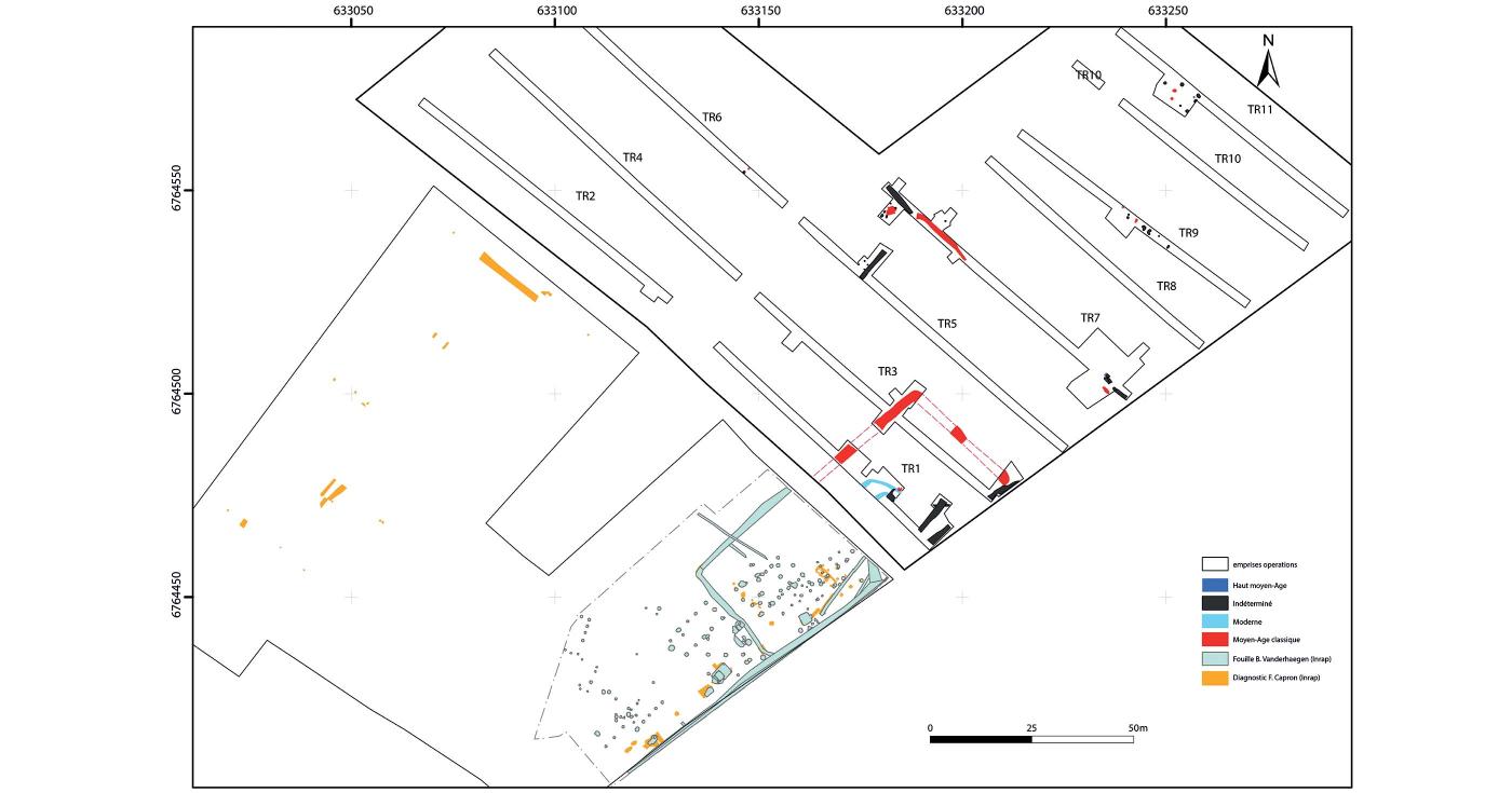Plan topographique d'un diagnostic archéologique représentant les vestiges mis au jour.