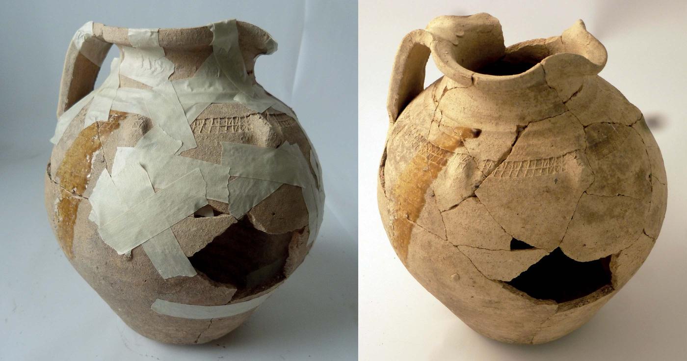 Cruche en céramique avant et après restauration.