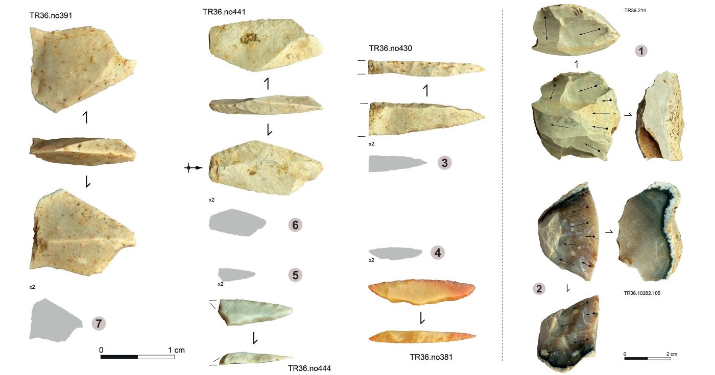 Plusieurs silex sont photographiés sous différents angles et dessinés.