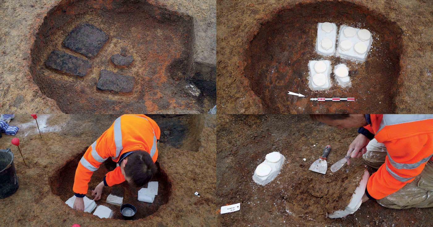 Quatre photos accolées montrent le prélèvement par un archéologue de mottes de sédiement de manière très précise.