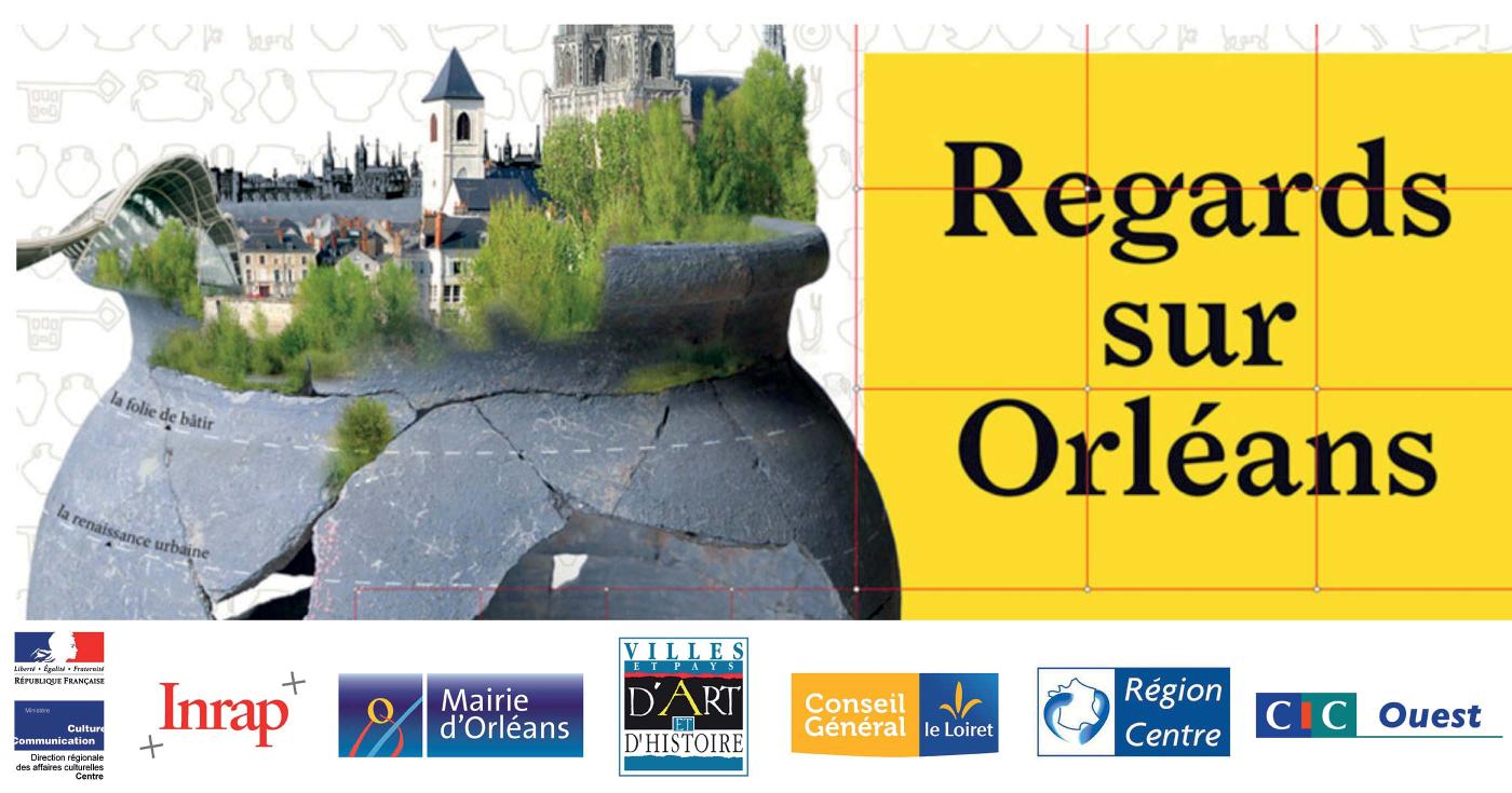 L'affiche de l'exposition présente un céramique d'où l'on voit sortir des bâtiments du centre d'Orléans : cathédrale, etc.