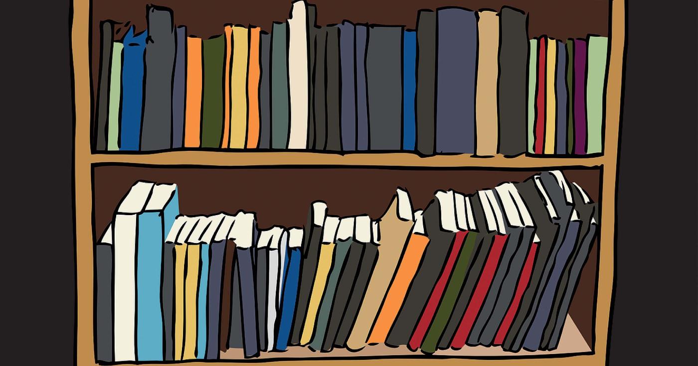 Dessin numérique de livres posés sur des étagères.