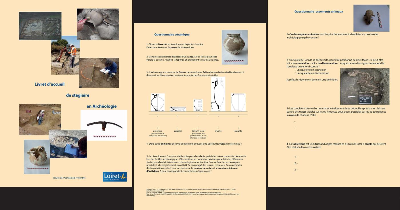 Trois pages d'un livret d'accueil de stagiaire présentent des questions autour de l'archéologie et de chacune de ses spécialités.