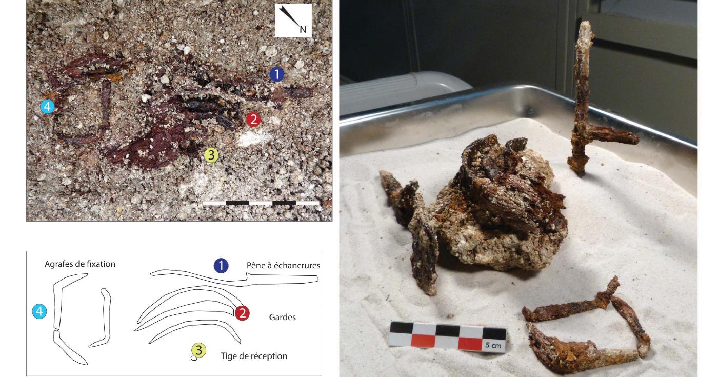 Trois illustrations sont associées : des fragments de métal découverts sur le terrain puis étudiés et identifiés au bureau.