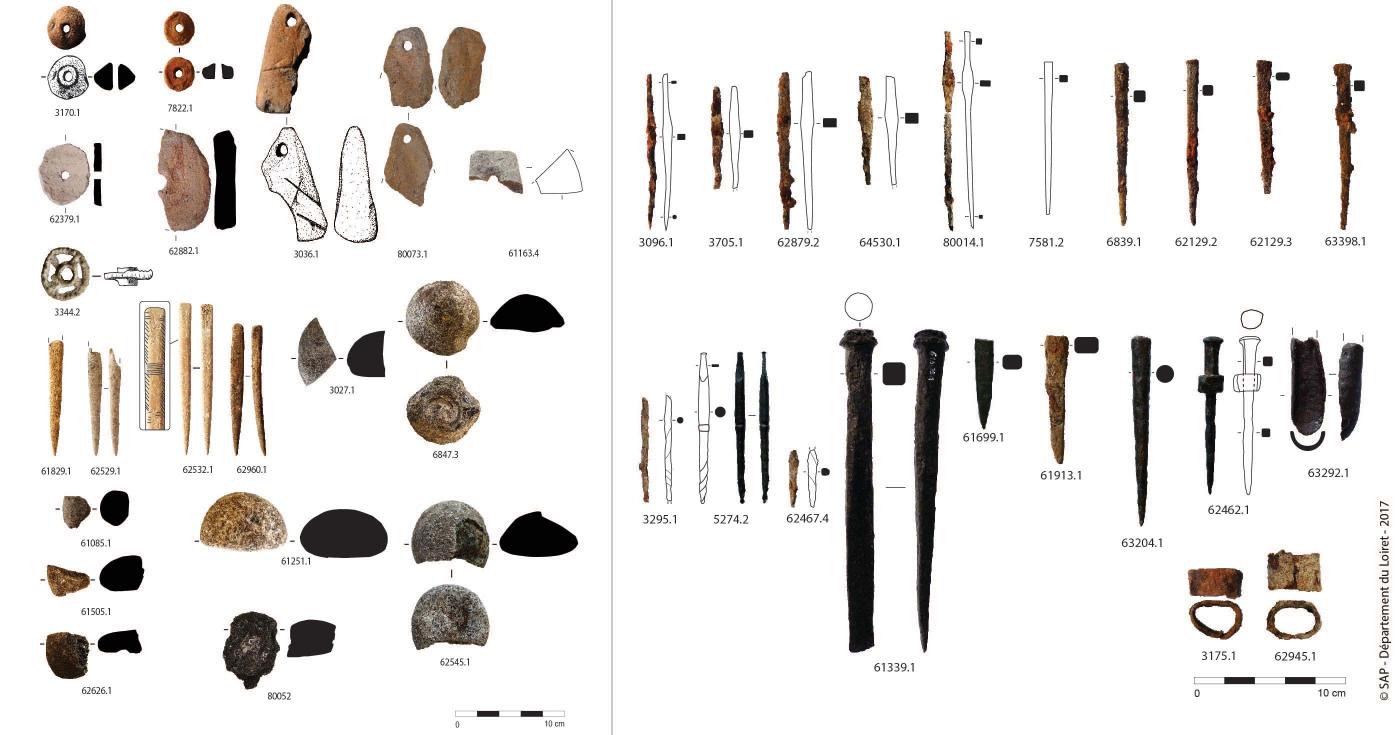 Ensemble de dessins techniques et de photographies d'objets triés par type de matériaux d'utilisation : poinçons, aiguilles, etc.