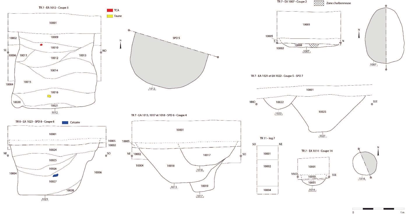 Plusieurs dessins techniques de structures archéologiques sont dessinés numériquement.