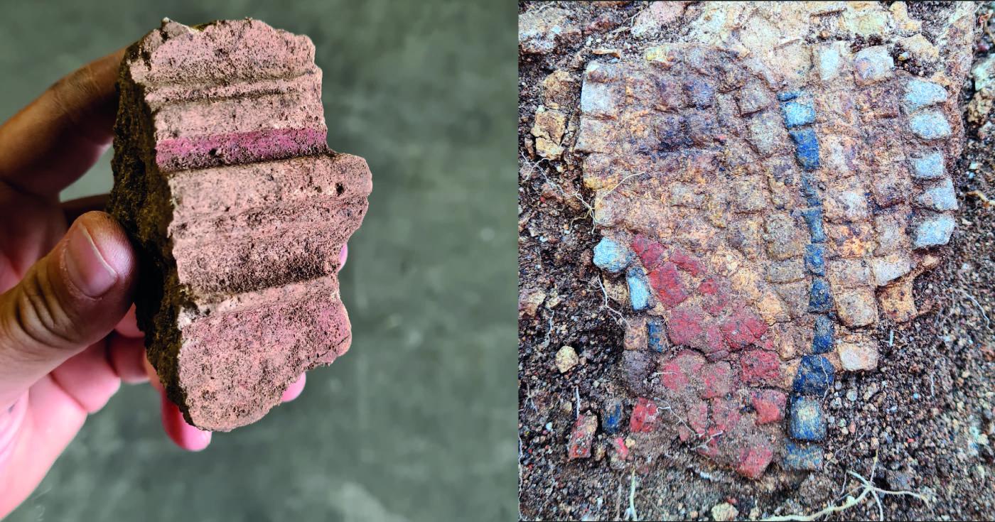 Photos de deux fragments de mobilier : à gauche du stuc peint et à droite de la mosaïque.