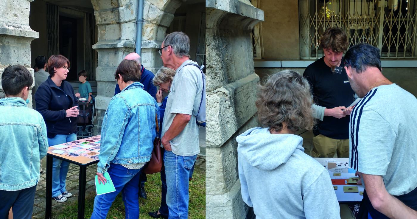 Montage de deux photos d'archéologues réalisant des animations devant du public
