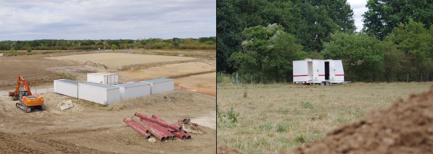 Deux photos accollées d'un bâtiment modulaire fixe et d'une roulotte de chantier.