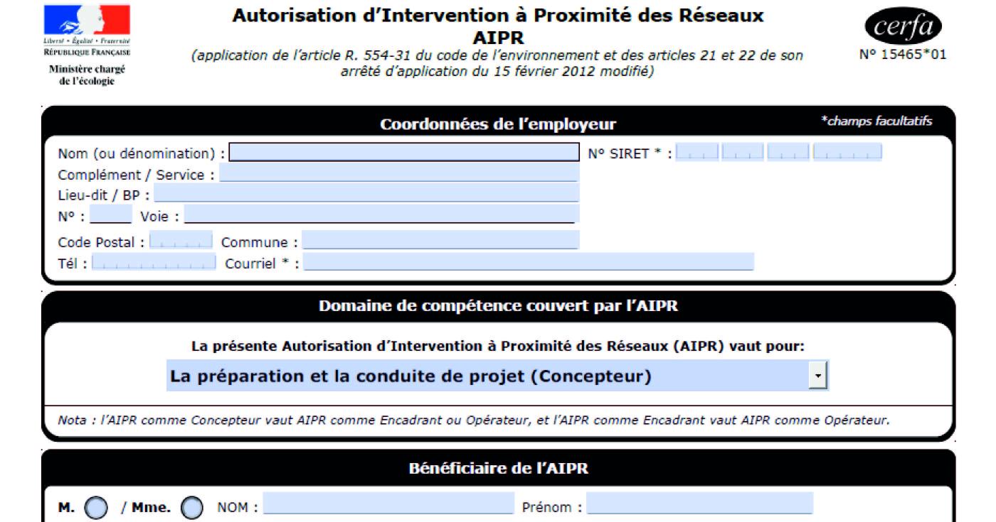 Extrait du formulaire d'autorisation d'intervention à proximité des réseaux.