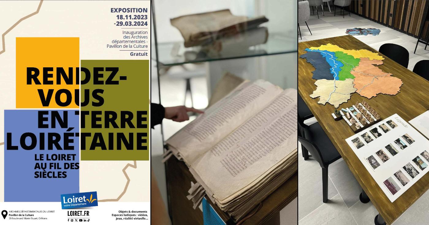Montage autour d'une exposition : affiche, livre ancien et jeu en bois représentant une carte du Loiret.