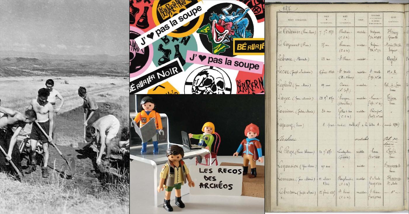 Montage d'images variées : photo ancienne, document d'état-civil, affiche d'exposition.