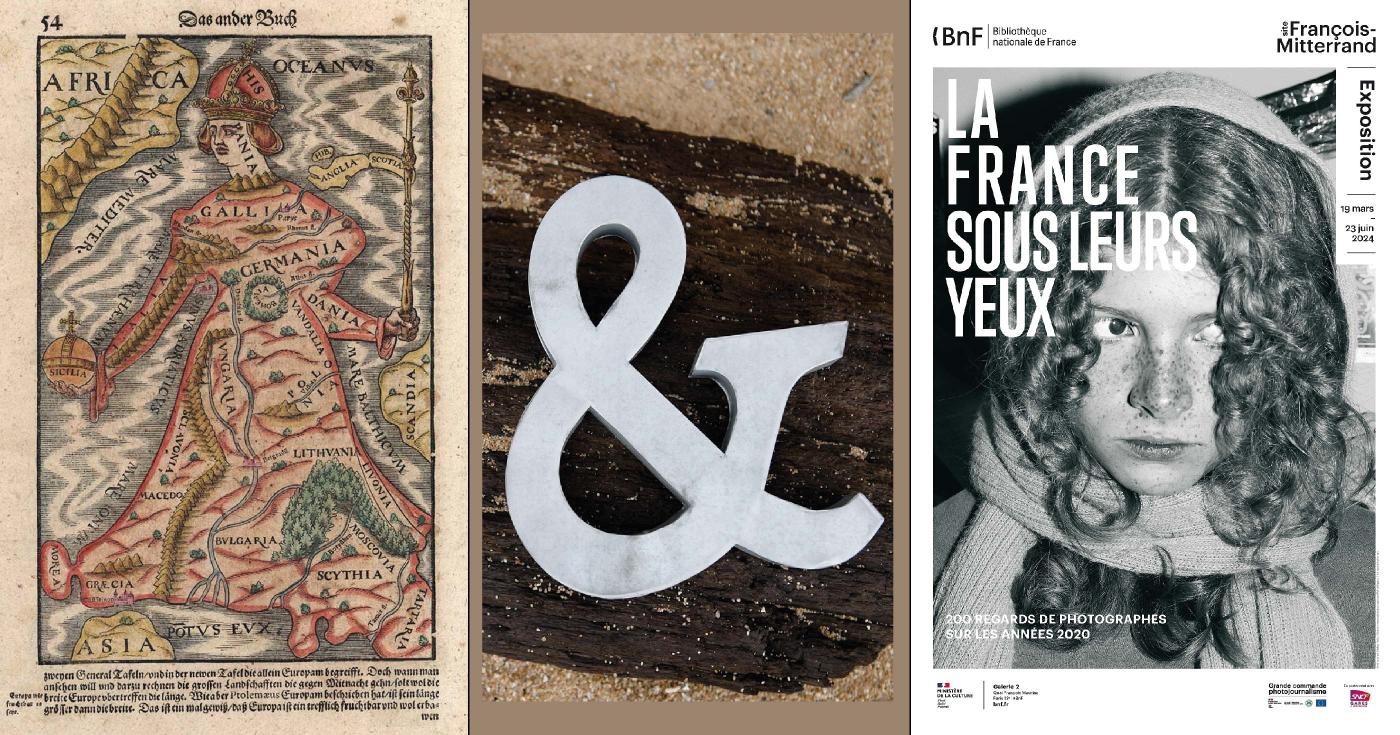 Montage de plusieurs illustrations : carte ancienne, esperluette et affiche d'exposition