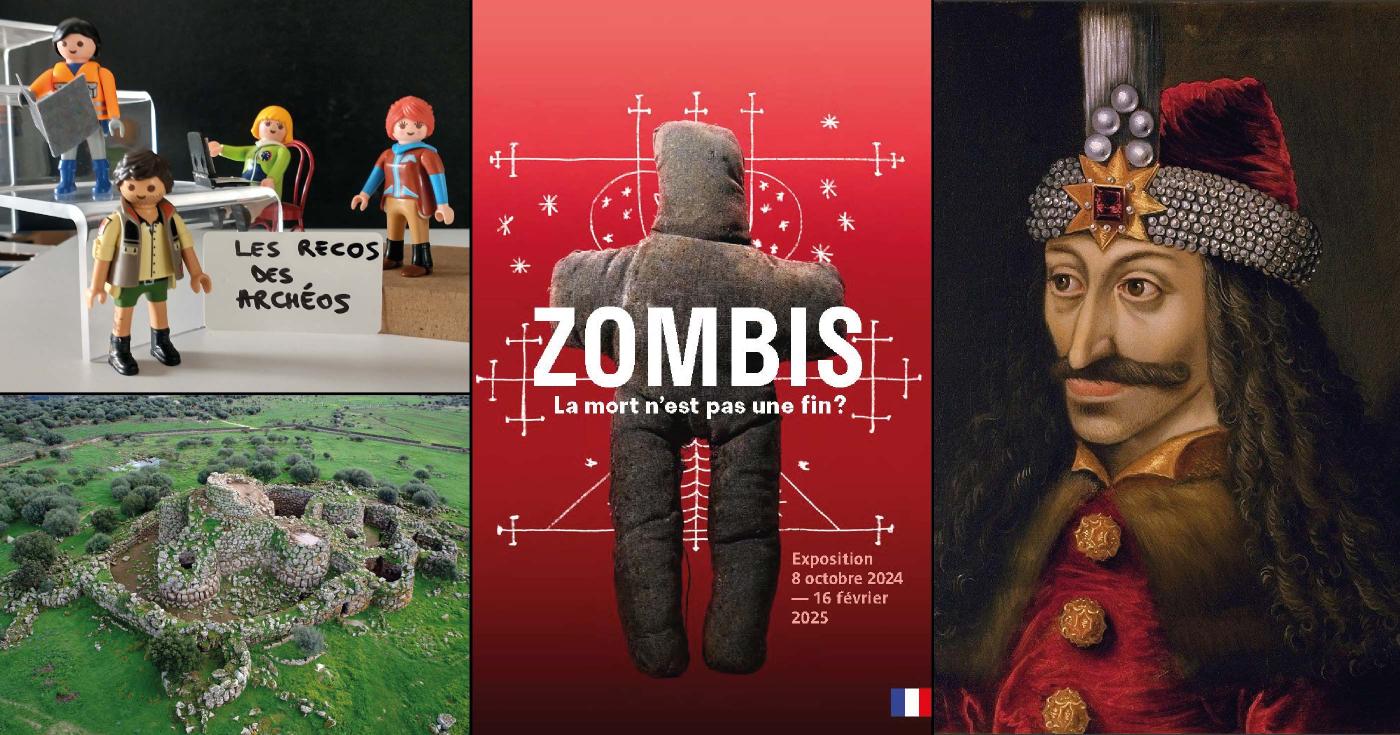 Il s'agit d'une composition de plusieurs images : un site archéologique de Sardaigne, une photo de Vlad III de Valachie et une affiche de l'exposition Zombis au Quai Branly.