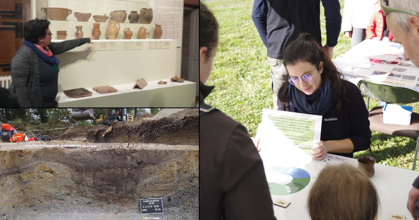 Montage de trois photographies : une visite de musée, une archéologue qui discute avec du public et une photo de site archéologique.