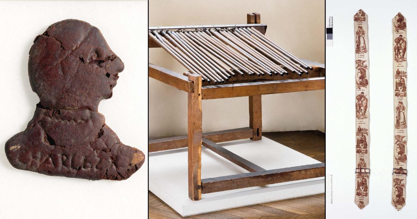 Montage de trois photos d'objetx : un gâteau, une machine en bois et métal et des bretelles décorées.