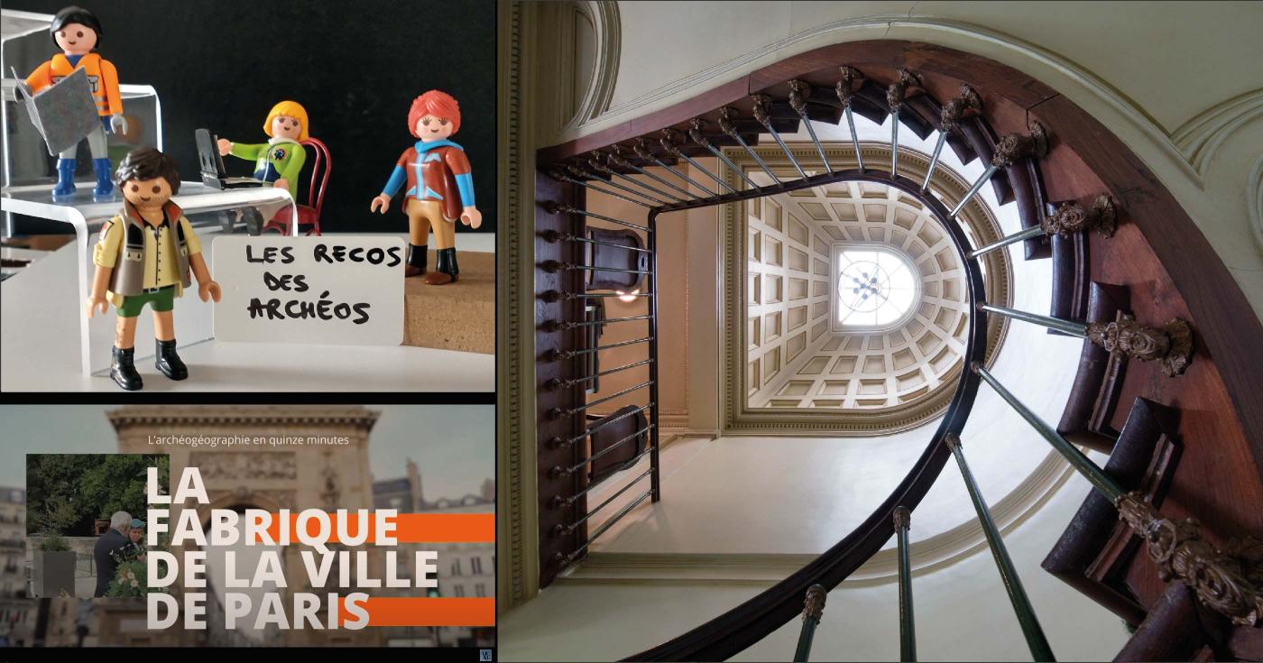 Montage de trois illustrations : des Playmobil, une capture d'écran de vidéo yotube et une cage d'escalier vue du bas vers le haut