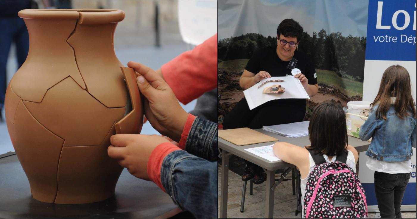 Montage de deux photos représentant d'une part le remontage d'une fausse céramique en trois dimensions et d'autre part une animation faite par une archéologue avec des photos d'archéologie.